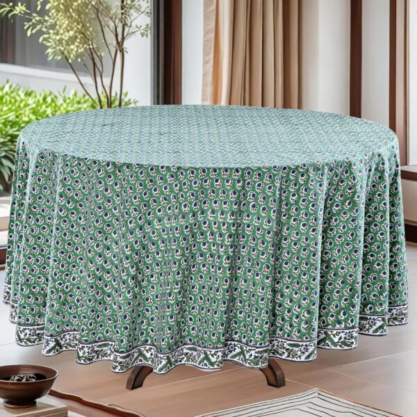 Hand Block Print Round Tablecloth Basil Green 60 Inch 100% Cotton