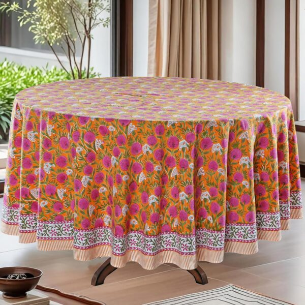 Block Print Round Tablecloth Bubblegum Pink 60 Inch 100% Cotton