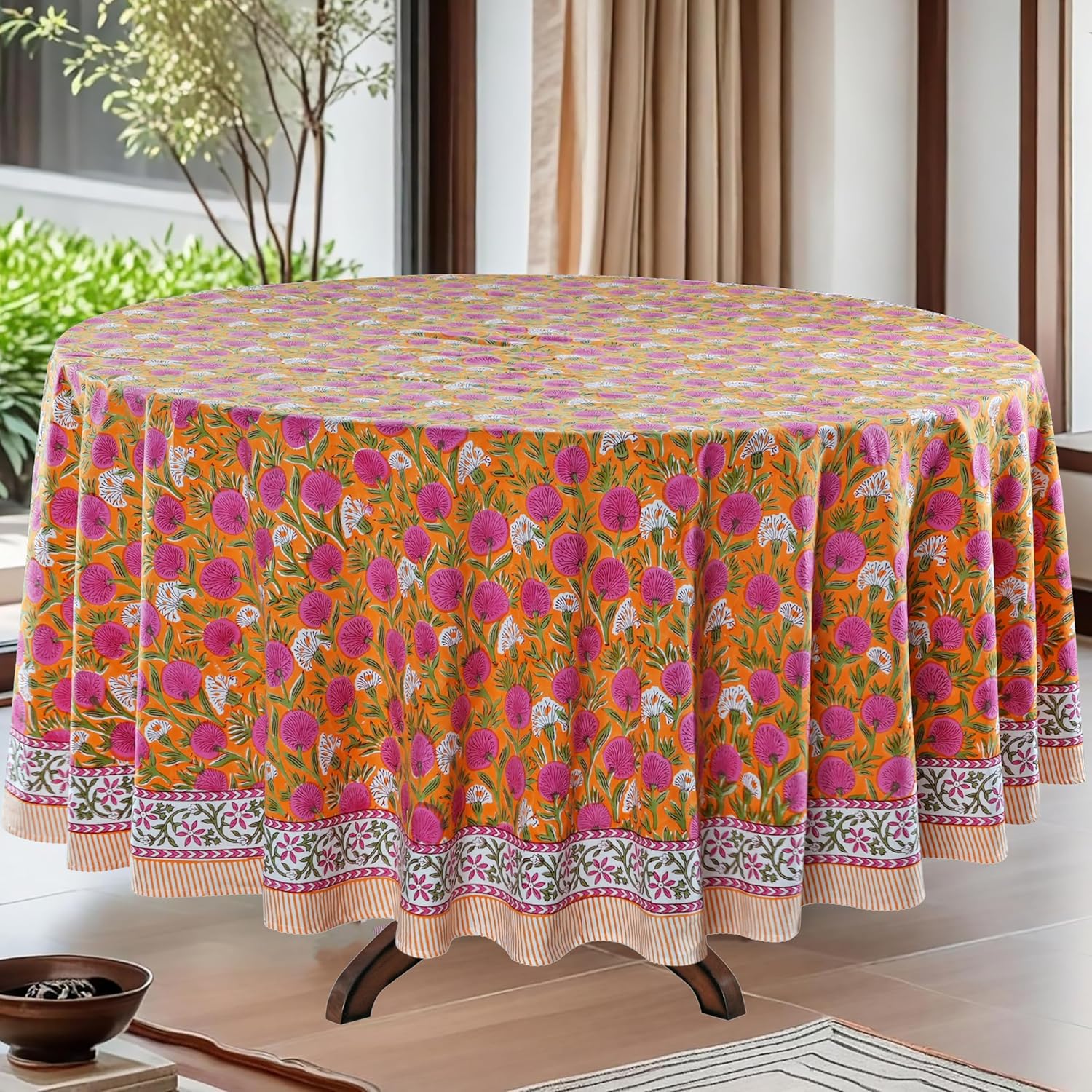 Block Print Round Tablecloth Bubblegum Pink 60 Inch 100% Cotton