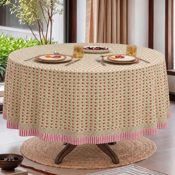 Block Print Round Tablecloth Cerise Pink Olive Green 60 Inch Cotton