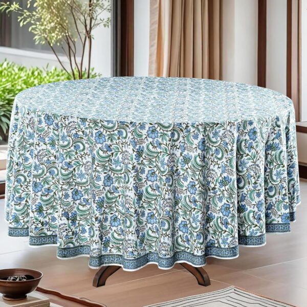 Hand Block Print Round Tablecloth Columbia Blue 60 Inch 100% Cotton