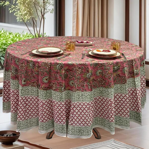 Block Print Round Tablecloth Coral Pink & Forest Green 110 in Cotton