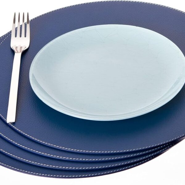 Round Placemats Set (Pack of 4) Recycled Leather Table Mats 15 inches, Kitchen Dining Table Decor by Nikalaz (Blue)
