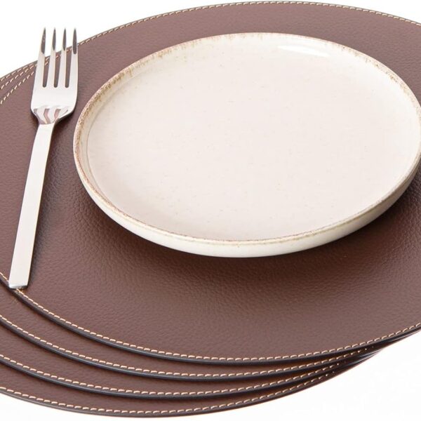 Round Placemats Set (Pack of 4) Recycled Leather Table Mats 15 inches, Kitchen Dining Table Decor by Nikalaz (Brown)