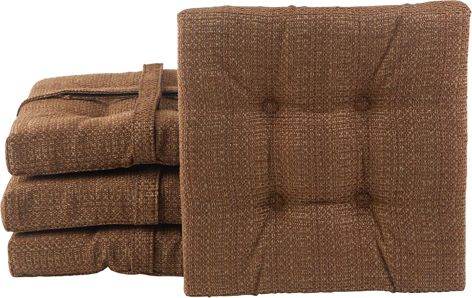 Klear Vu Non-Slip Gripper Tufted Square Stools Cushions with Tie Straps for Dining Rooms, Kitchen Bars, Cafes and Restaurants-Set of 4, 12”x12”, Chocolate 4 Count