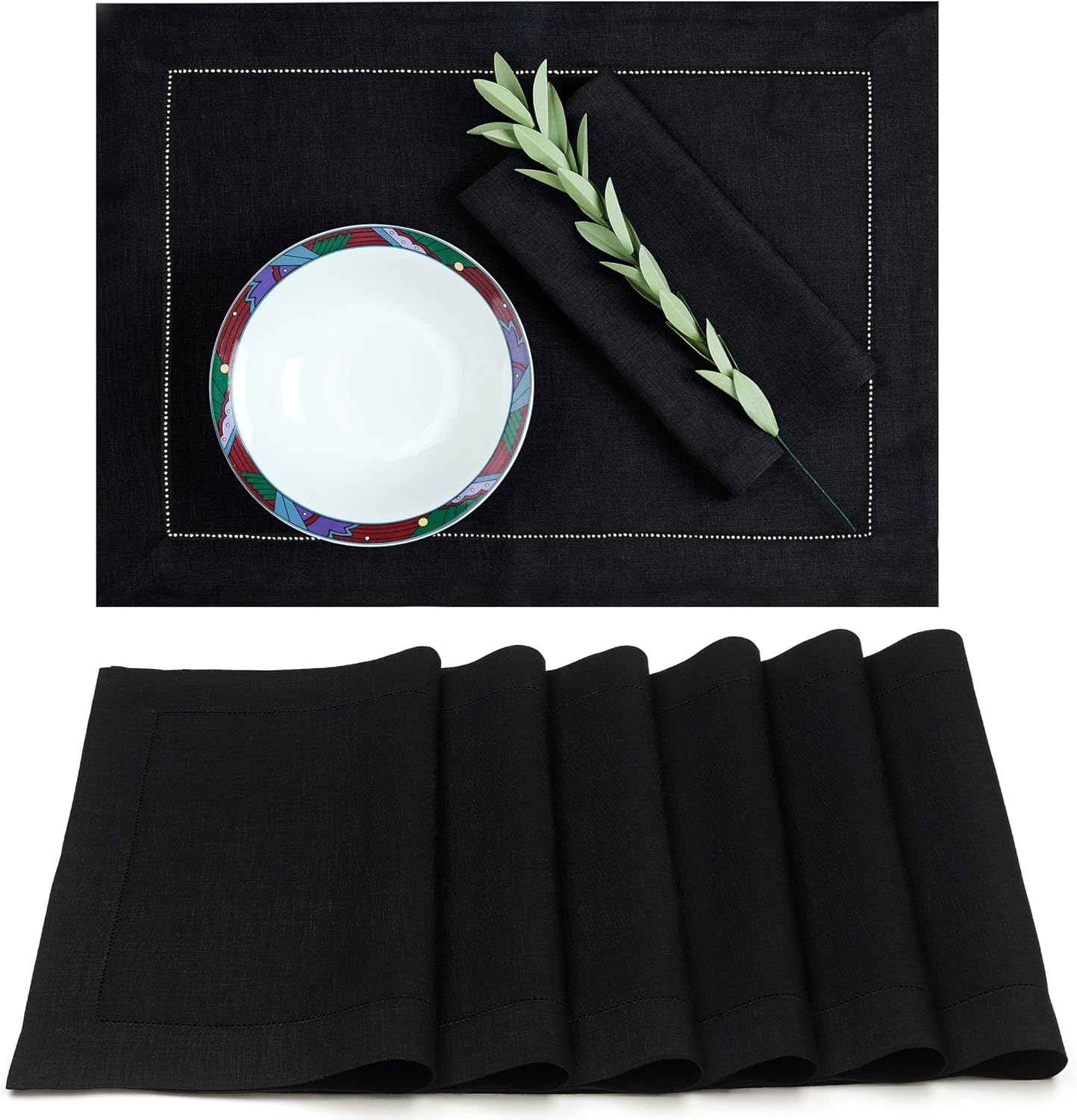 Signature Linen™ by D'Moksha, 100% Pure Linen Black Placemats 14 x 19 Inch