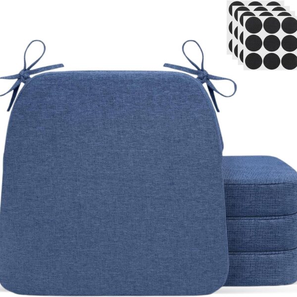 Chair Cushions for Dining Chairs - 17" x 16" x 2" D-Shaped Indoor Seat Cushions - Non Slip Chair Pads with Removable Ties and Washable Cover Set of 4 - Chair Leg Pads Included - Blue