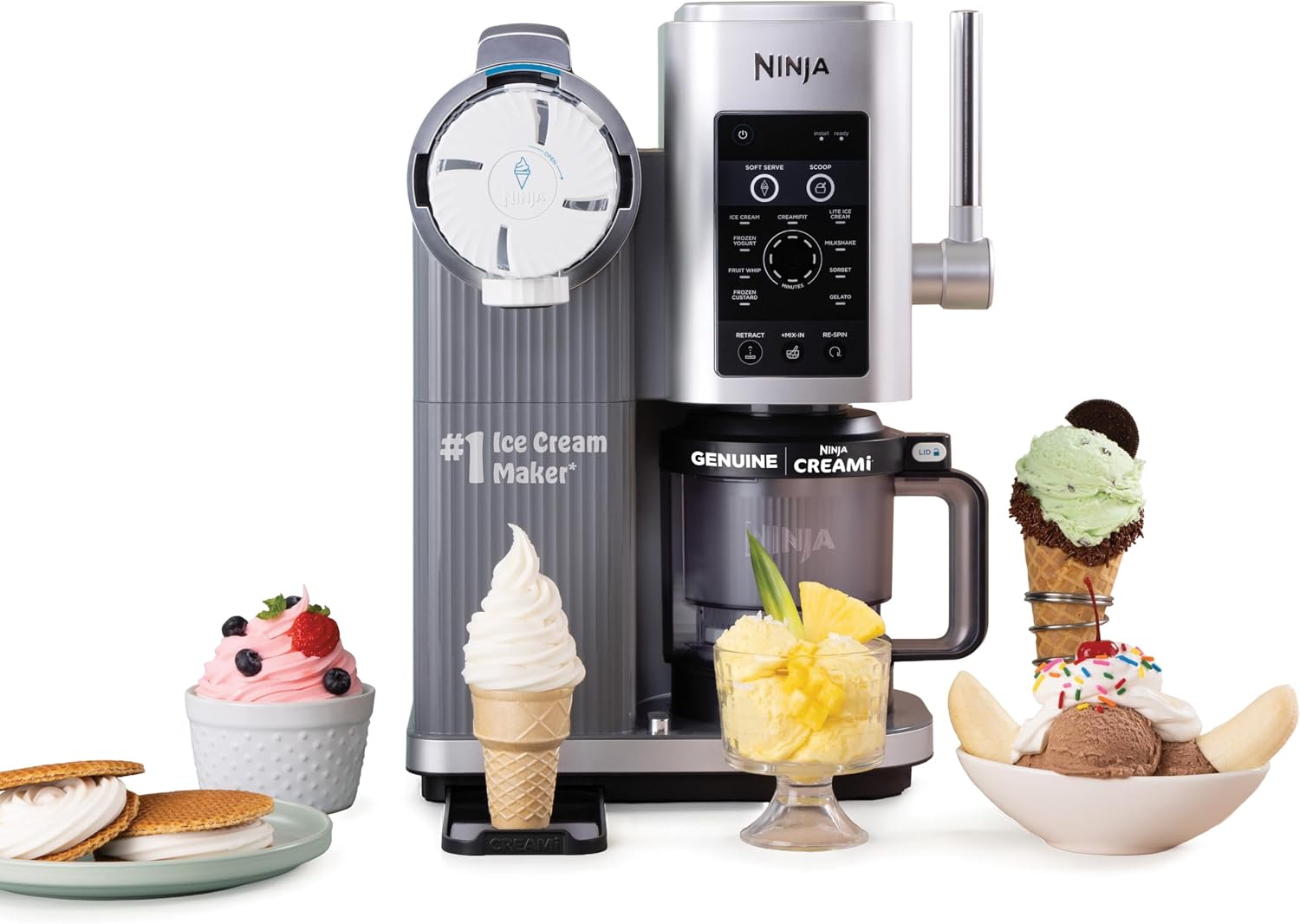 Ninja Creami Scoop & Swirl 13-in-1 ice cream and soft serve maker on a modern kitchen countertop.