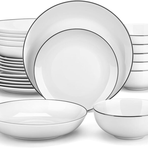 MALACASA 24-Piece Porcelain Dinnerware Set, with Black Rim Dish Set for 6