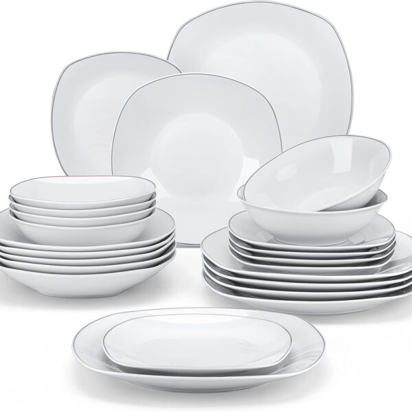 MALACASA Dinnerware Sets, 24 Piece Porcelain Square Dishes, White with Silver Rim Plates and Bowls Sets, Ceramic Dish Set for 6, Chip Resistant Dishware Sets, Series ELISA