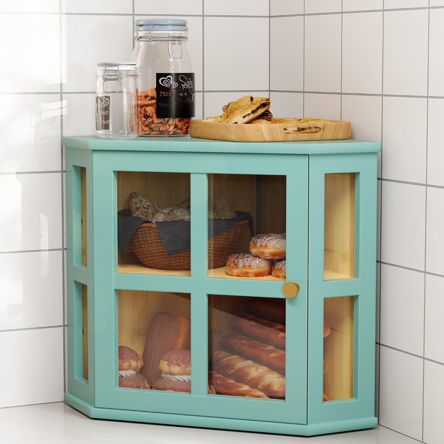The HOLTICO 2-tier corner bread box featuring a clear acrylic door on a kitchen countertop.