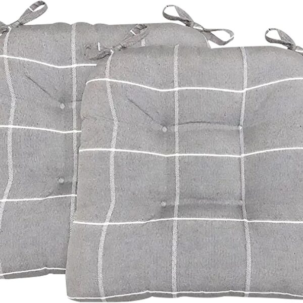 Arlee Chair Cushions for Dining Chairs, Set of 2 - Fiber Filled Chair Pads, Plaid Woven with Tiebacks - Durable Thick Seat Cushions for Kitchen, Office, Patio, 16” L x 16’’ W - Charcoal