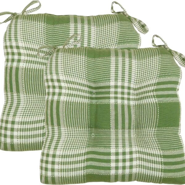 Arlee Chair Cushions for Dining Chairs, Set of 2 - Fiber Filled Chair Pads, Plaid Woven with Tiebacks - Durable Thick Seat Cushions for Kitchen, Office, Patio, 16”L x 16’’W - Olive