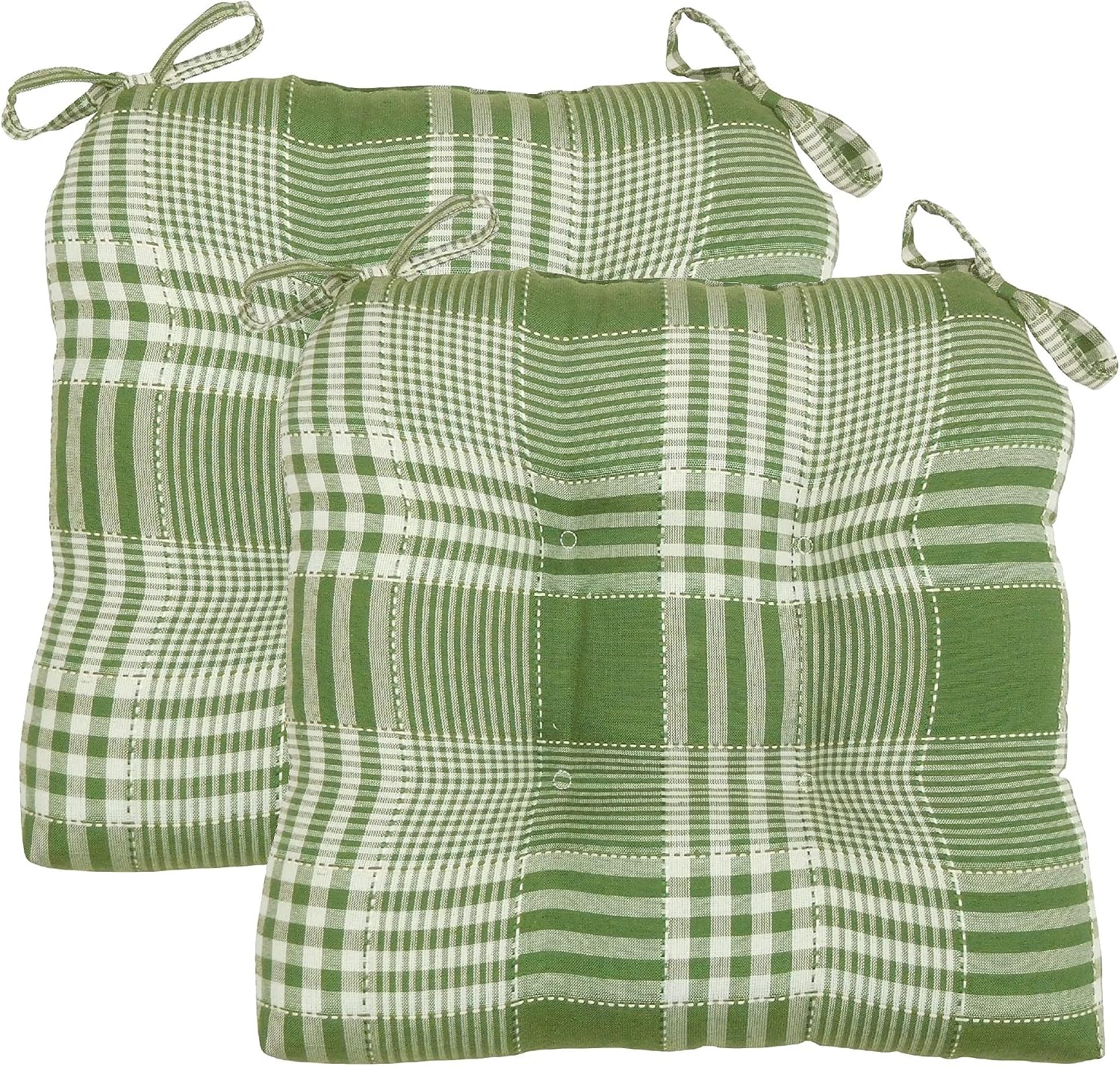 Arlee Chair Cushions for Dining Chairs, Set of 2 - Fiber Filled Chair Pads, Plaid Woven with Tiebacks - Durable Thick Seat Cushions for Kitchen, Office, Patio, 16”L x 16’’W - Olive