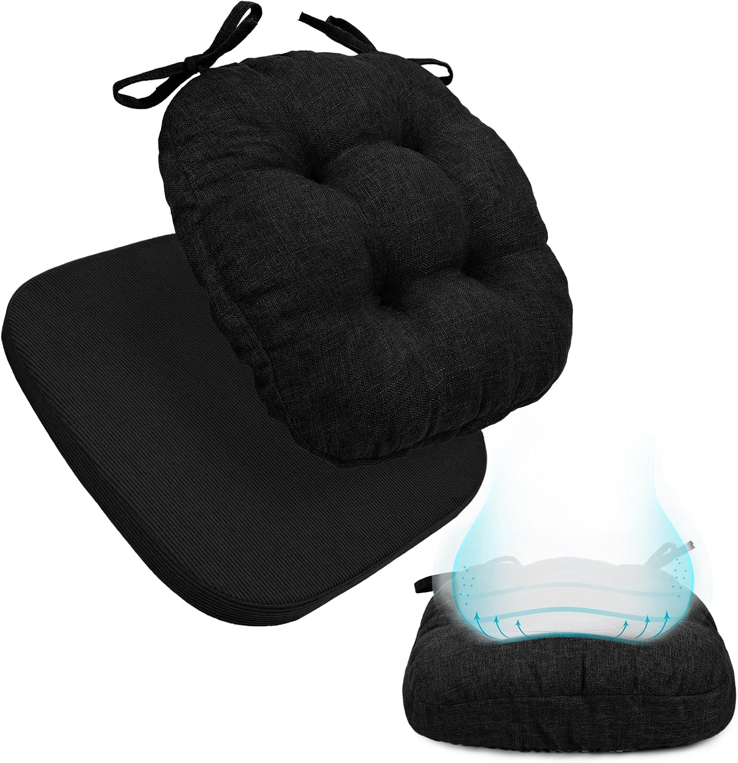 BUYUE 2-in-1 Chair Cushion for Dining Chair – Detachable Double-Layer, Use as 2 Seat Pads or 1 Extra-Thick Pad, Latex Foam, Non-Slip, Black