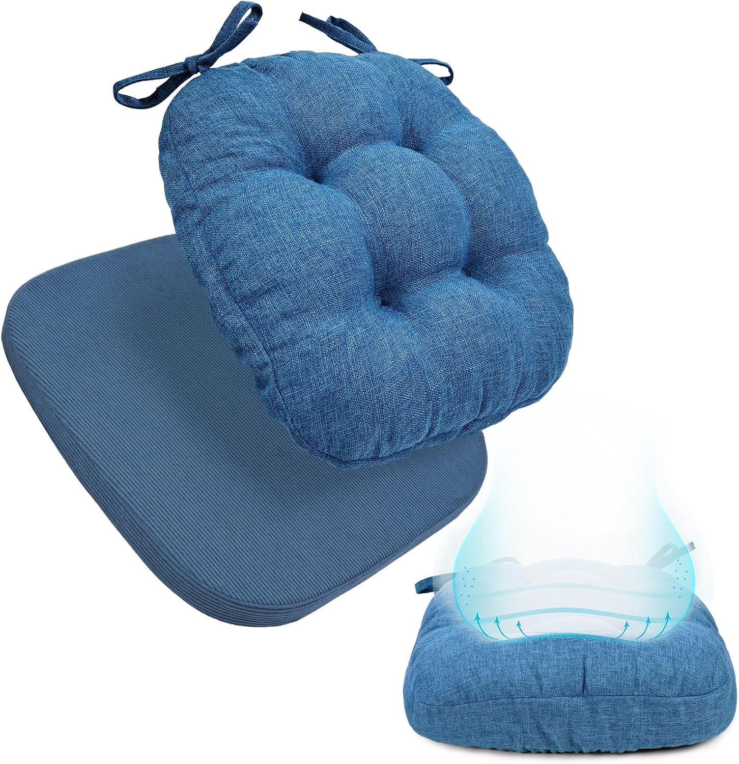 BUYUE 2-in-1 Chair Cushion for Dining Chair – Detachable Double-Layer, Use as 2 Seat Pads or 1 Extra-Thick Pad, Latex Foam, Non-Slip, Dark Blue