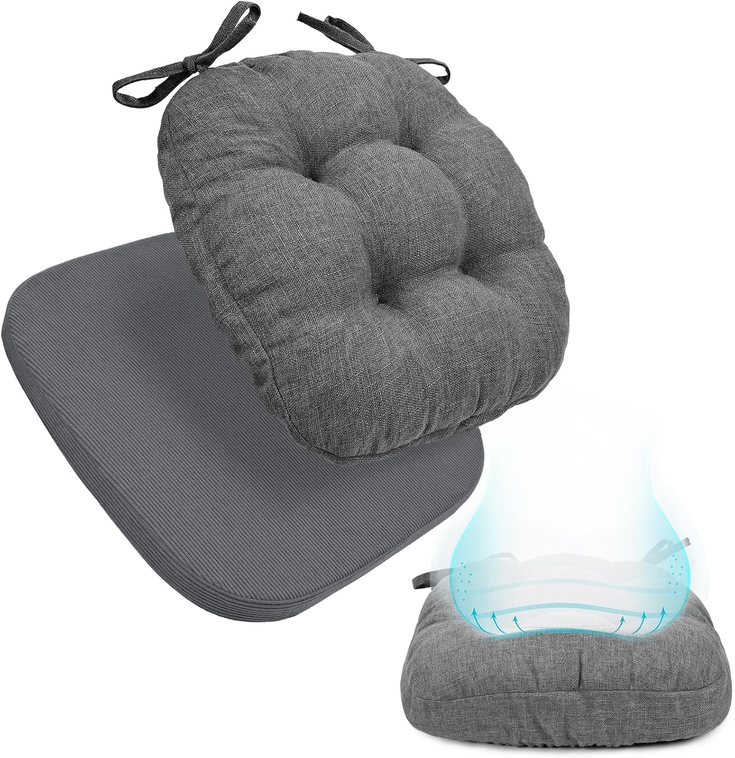 BUYUE 2-in-1 Chair Cushion for Dining Chair – Detachable Double-Layer, Use as 2 Seat Pads or 1 Extra-Thick Pad, Latex Foam, Non-Slip, Dark Grey
