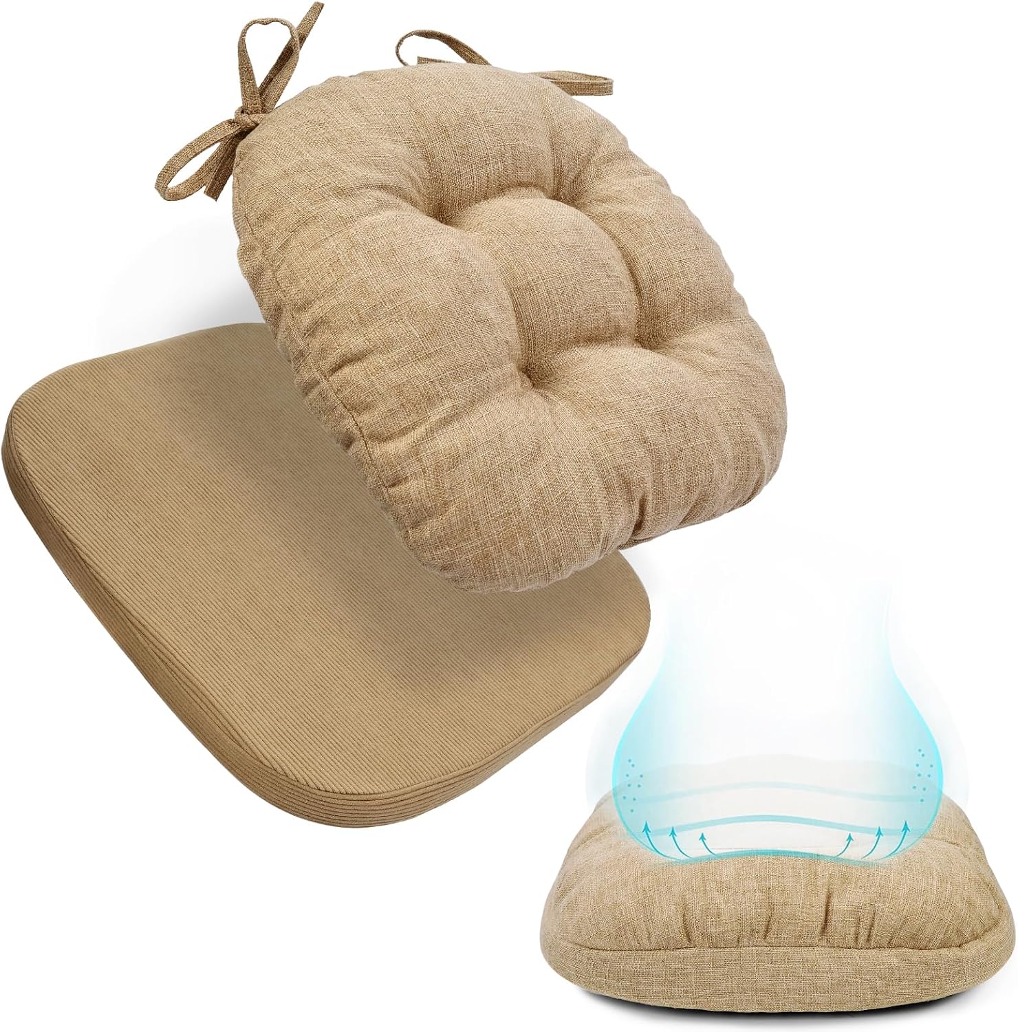 BUYUE 2-in-1 Chair Cushion for Dining Chair – Detachable Double-Layer, Use as 2 Seat Pads or 1 Extra-Thick Pad, Latex Foam, Non-Slip, Light Brown