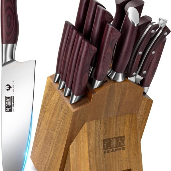 HOSHANHO 18 Piece Knife Set with Acacia Block and Sharpener