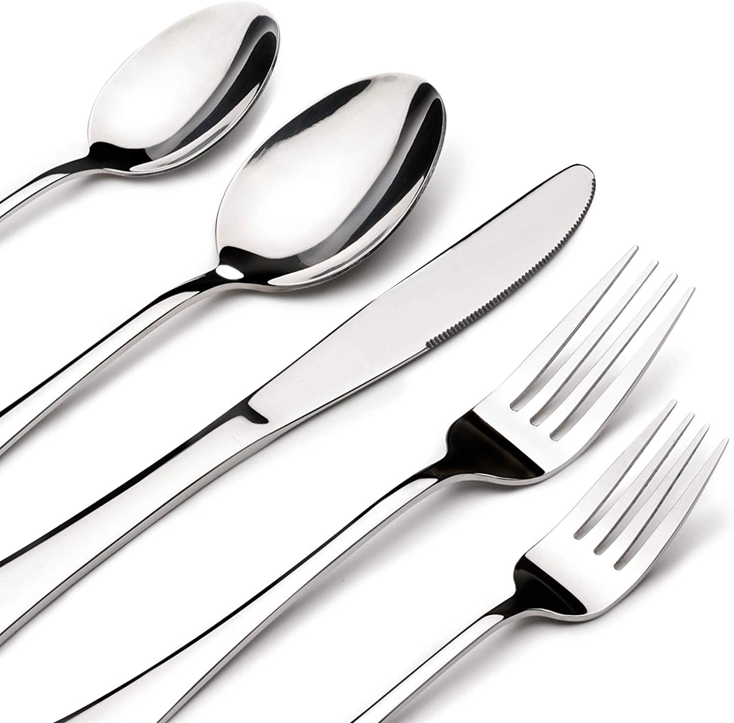 Stilloye 60 piece stainless steel silverware set laid out in a complete 12-person dining arrangement.