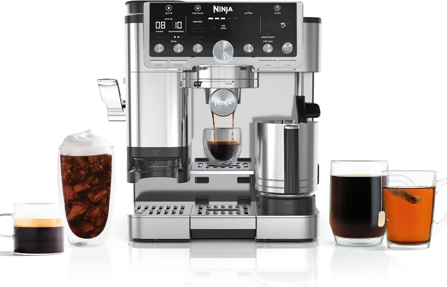 Front view of the Ninja Luxe Cafe Pro, a versatile 4-in-1 espresso and coffee system for home baristas.