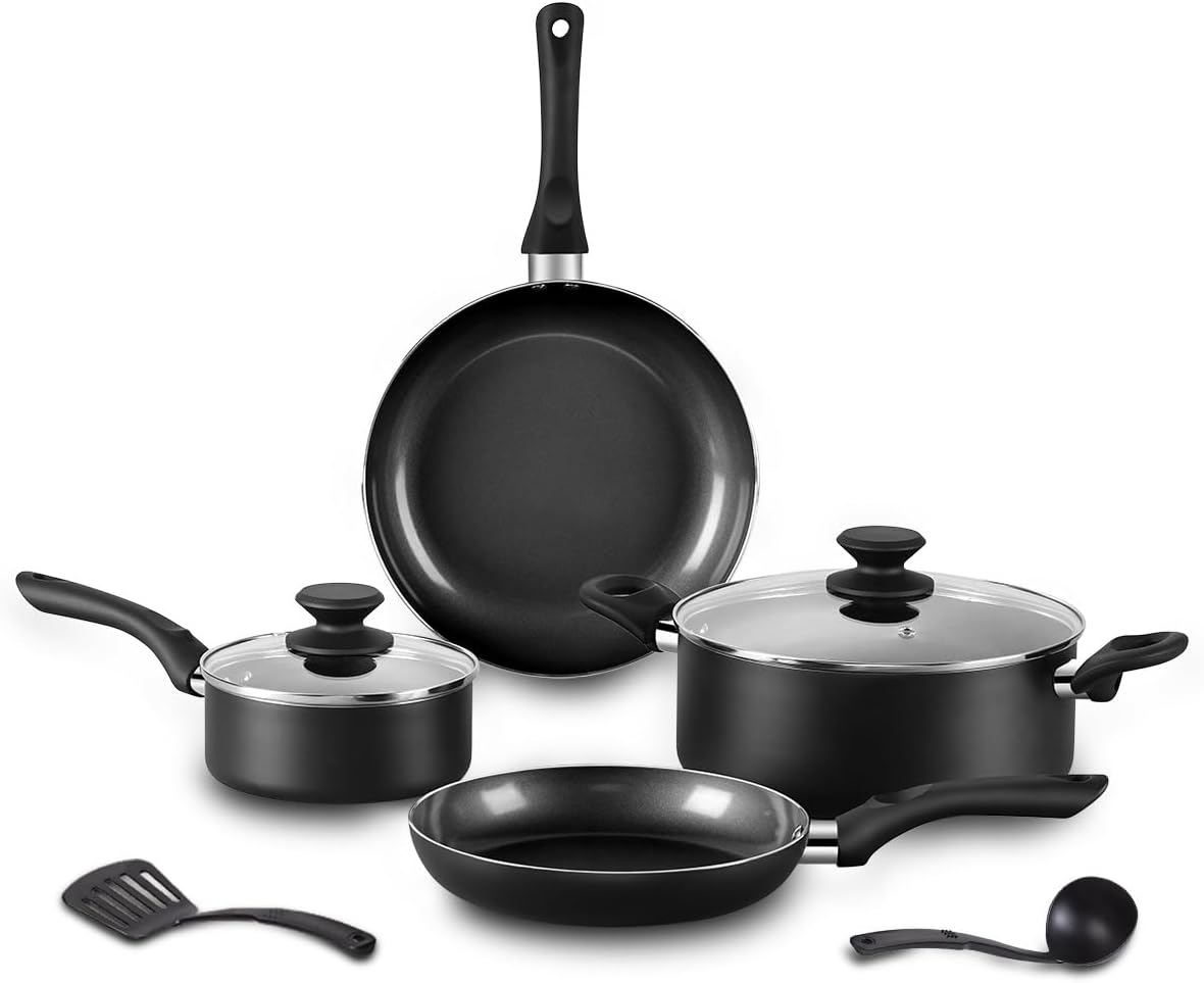 Becigar 8-piece nonstick cookware set featuring black pots and pans with ergonomic handles
