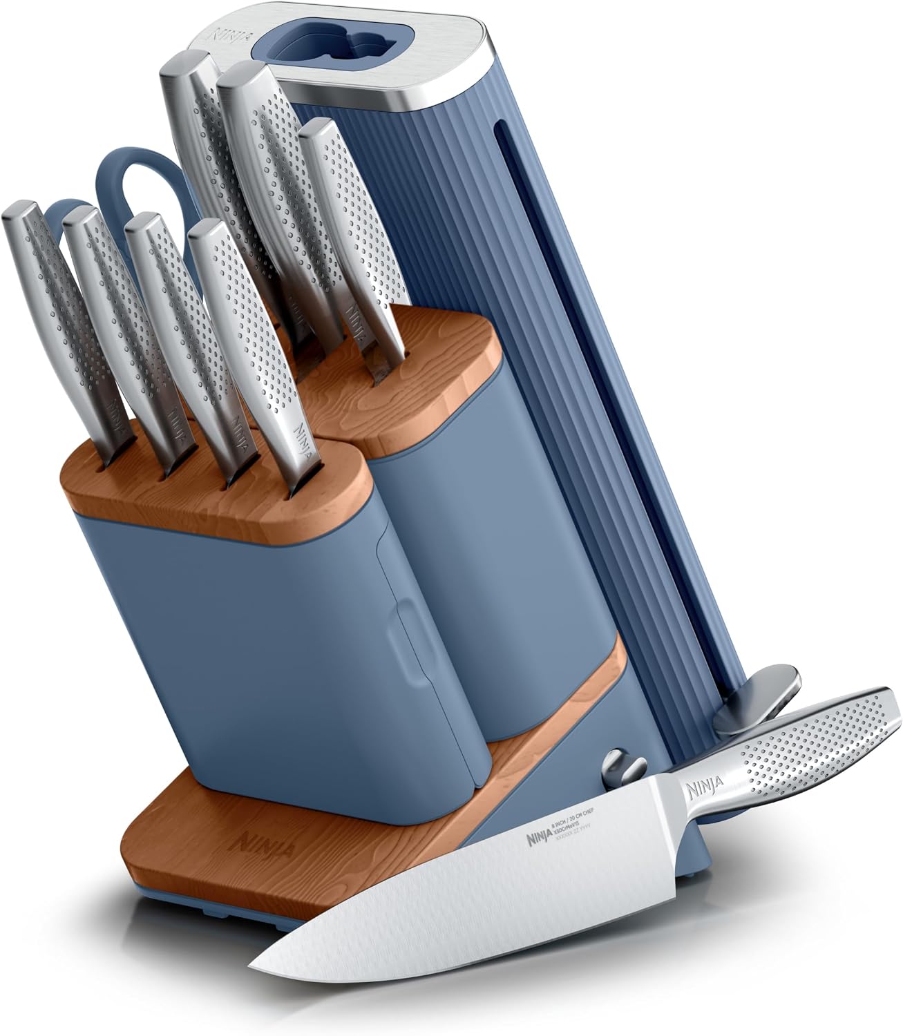 Ninja NeverDull Pro 11-Piece self-sharpening knife set in navy displayed on a kitchen counter.