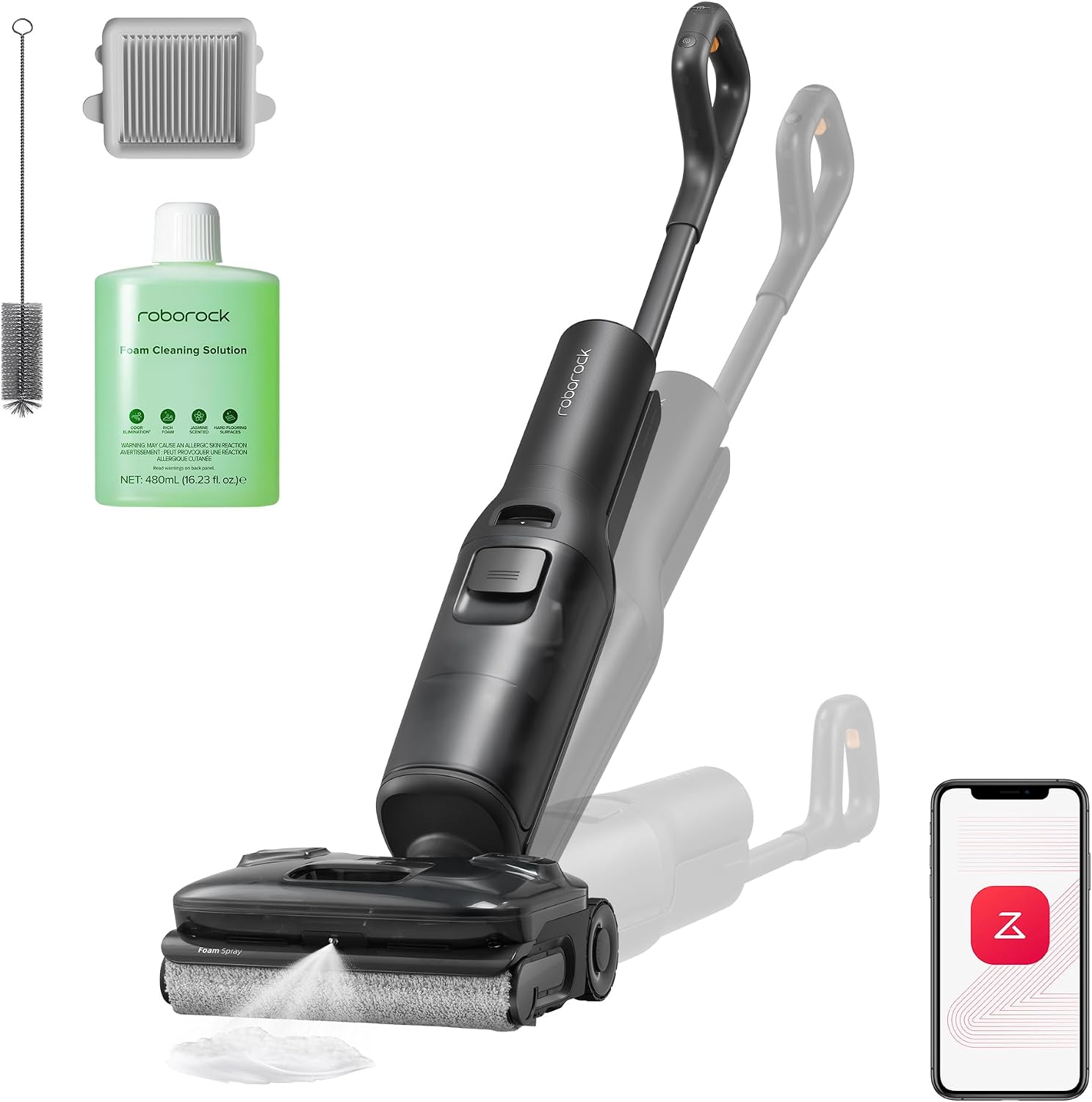 Roborock F25 ACE Pro foam wet dry vacuum featuring an advanced foam cleaning system for stubborn stains.
