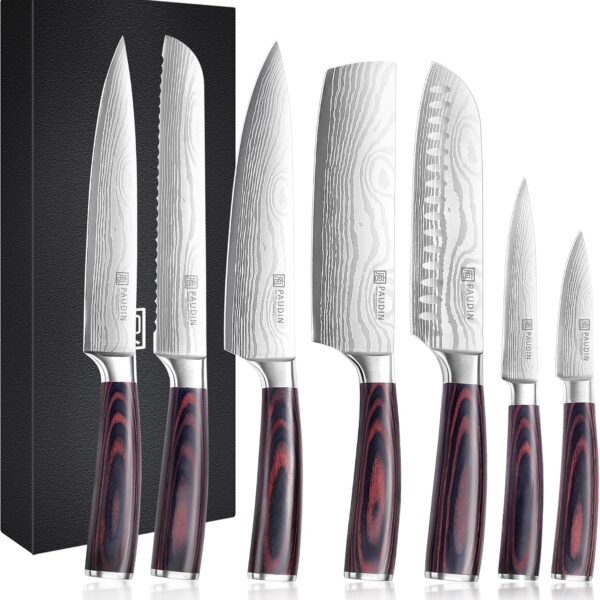 PAUDIN 7 Piece Kitchen Knife Set: Ultra Sharp High-Carbon Steel