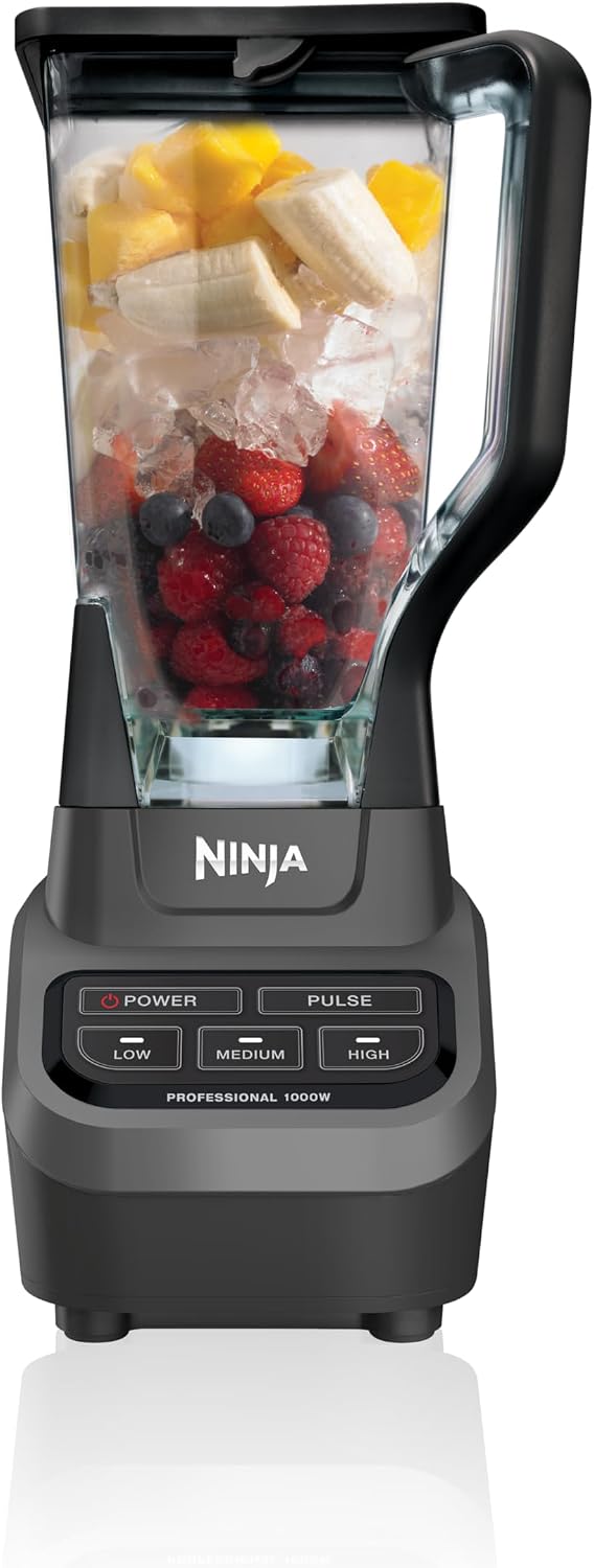 Ninja Professional Blender for ice featuring a 1000W motor base and 72oz pitcher.