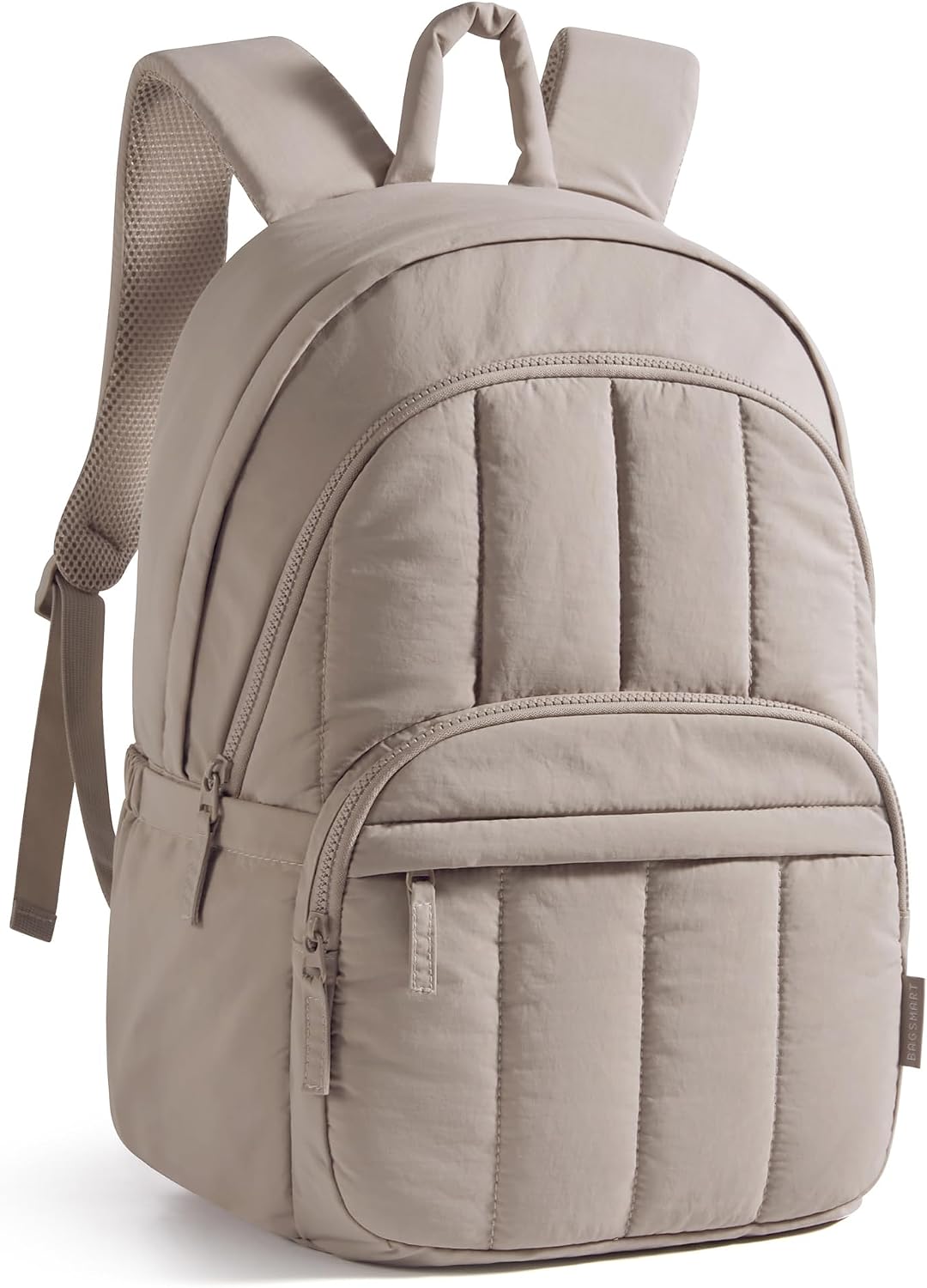 Front view of the stylish beige BAGSMART quilted laptop backpack for women with a chic puffer aesthetic.