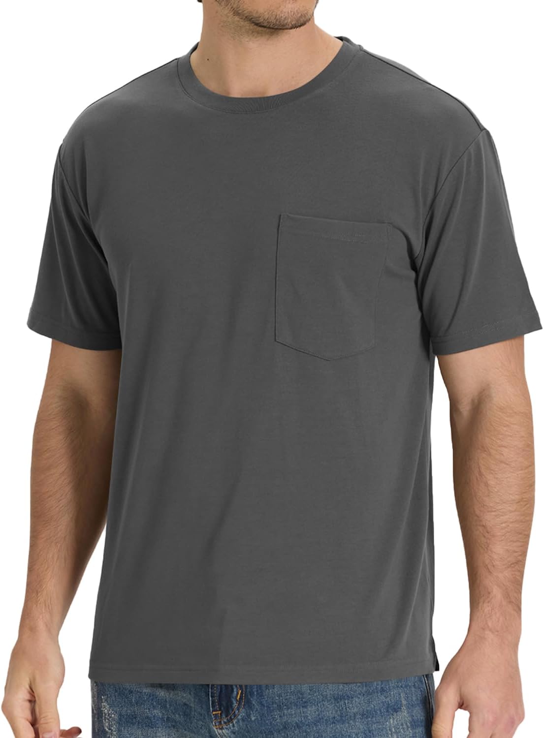 Front view of the BAMBOO COOL heavyweight bamboo pocket t-shirt in a relaxed fit.