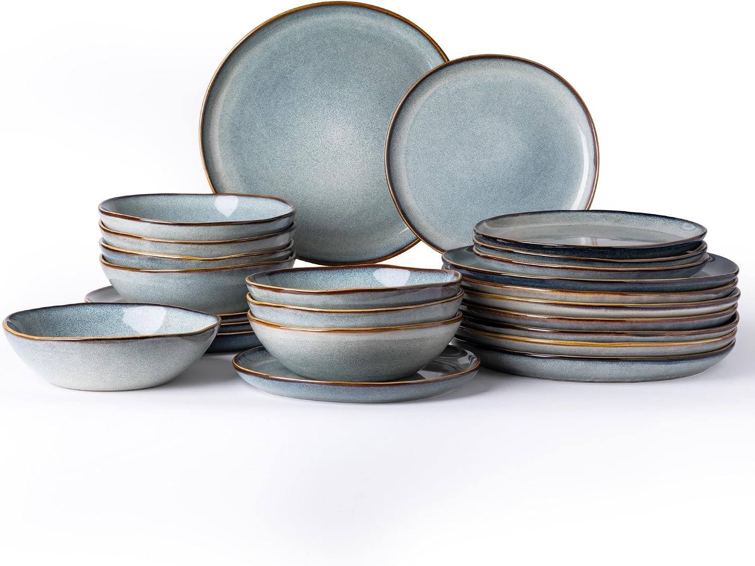AmorArc 24-piece ceramic dinnerware set for 8 displayed in a rustic minimalist table setting