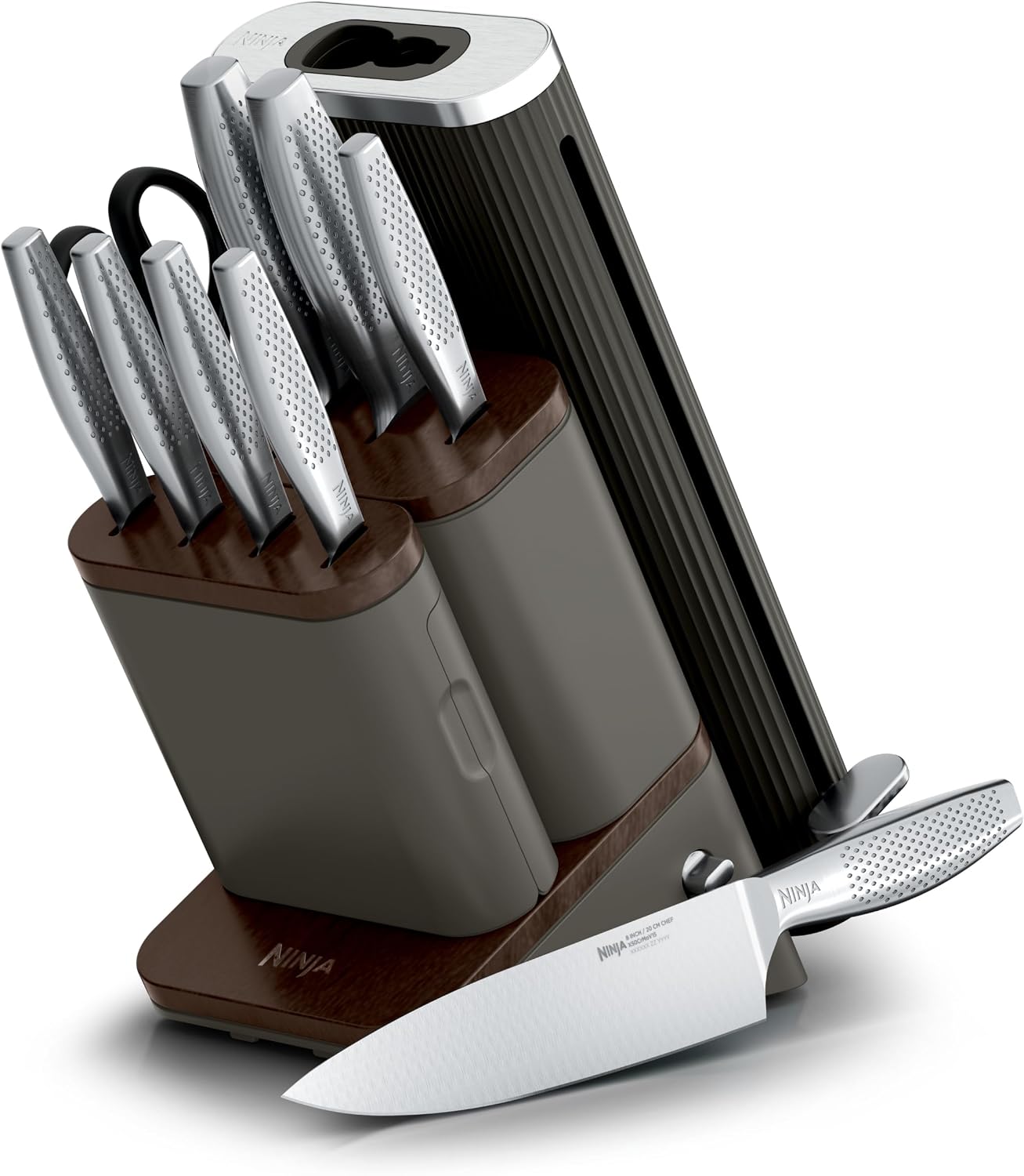 The full Ninja NeverDull Pro 11-piece self-sharpening knife set in slate, displayed on a kitchen countertop.