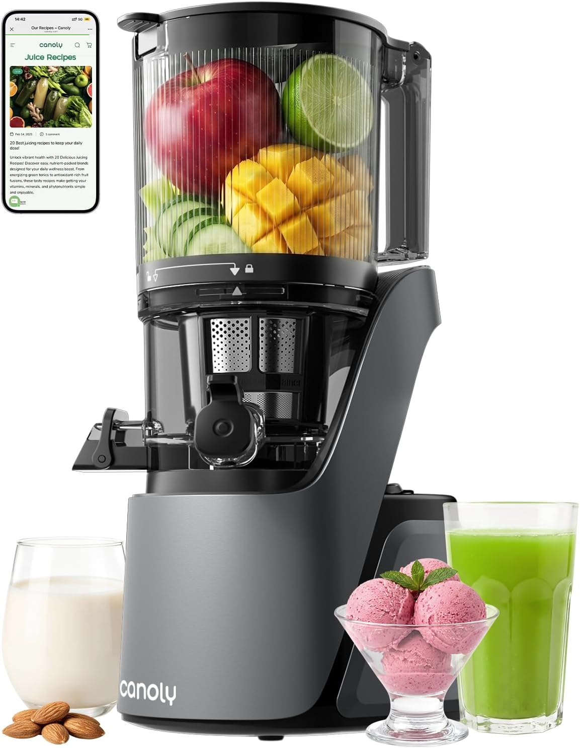 Canoly C16 3-in-1 cold press juicer front view showing the sleek modern design for healthy home kitchens.