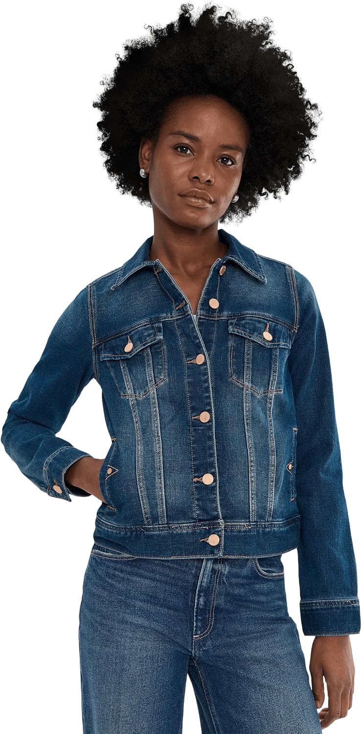 Full front view of the Liverpool Classic stretch denim jacket with buttoned front closure.