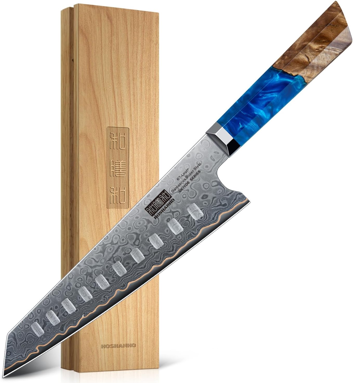 HOSHANHO 7 inch Damascus Santoku knife with a 67-layer steel blade and professional edge detail.
