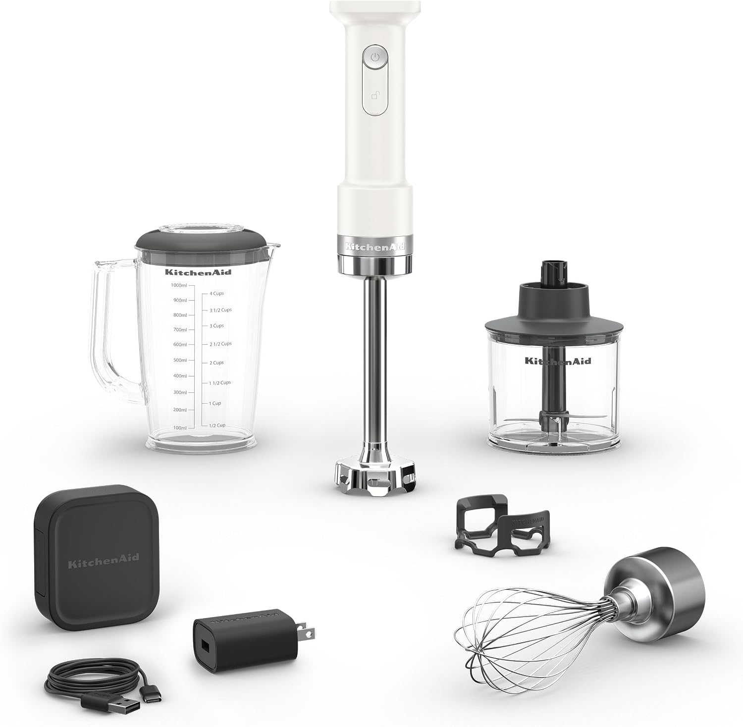 KitchenAid Go cordless hand blender set with 7-inch blending arm and stainless steel blades