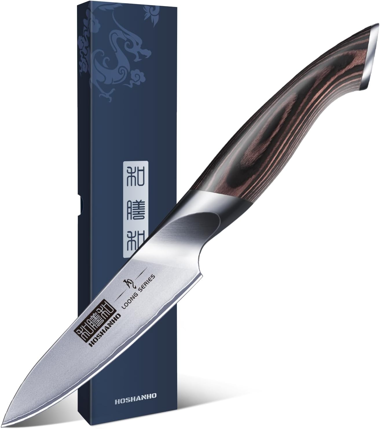 HOSHANHO 3.75 inch Japanese paring knife with ergonomic pakkawood handle in a professional kitchen setting