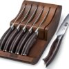 HOSHANHO 6-piece serrated steak knife set with block displayed on a modern kitchen countertop