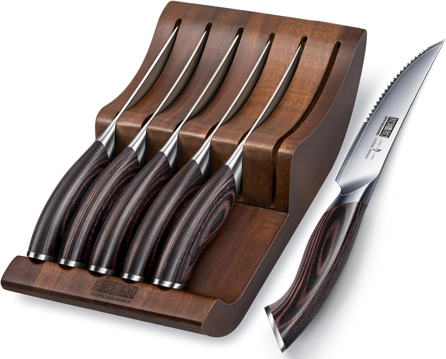 HOSHANHO 6-piece serrated steak knife set with block displayed on a modern kitchen countertop