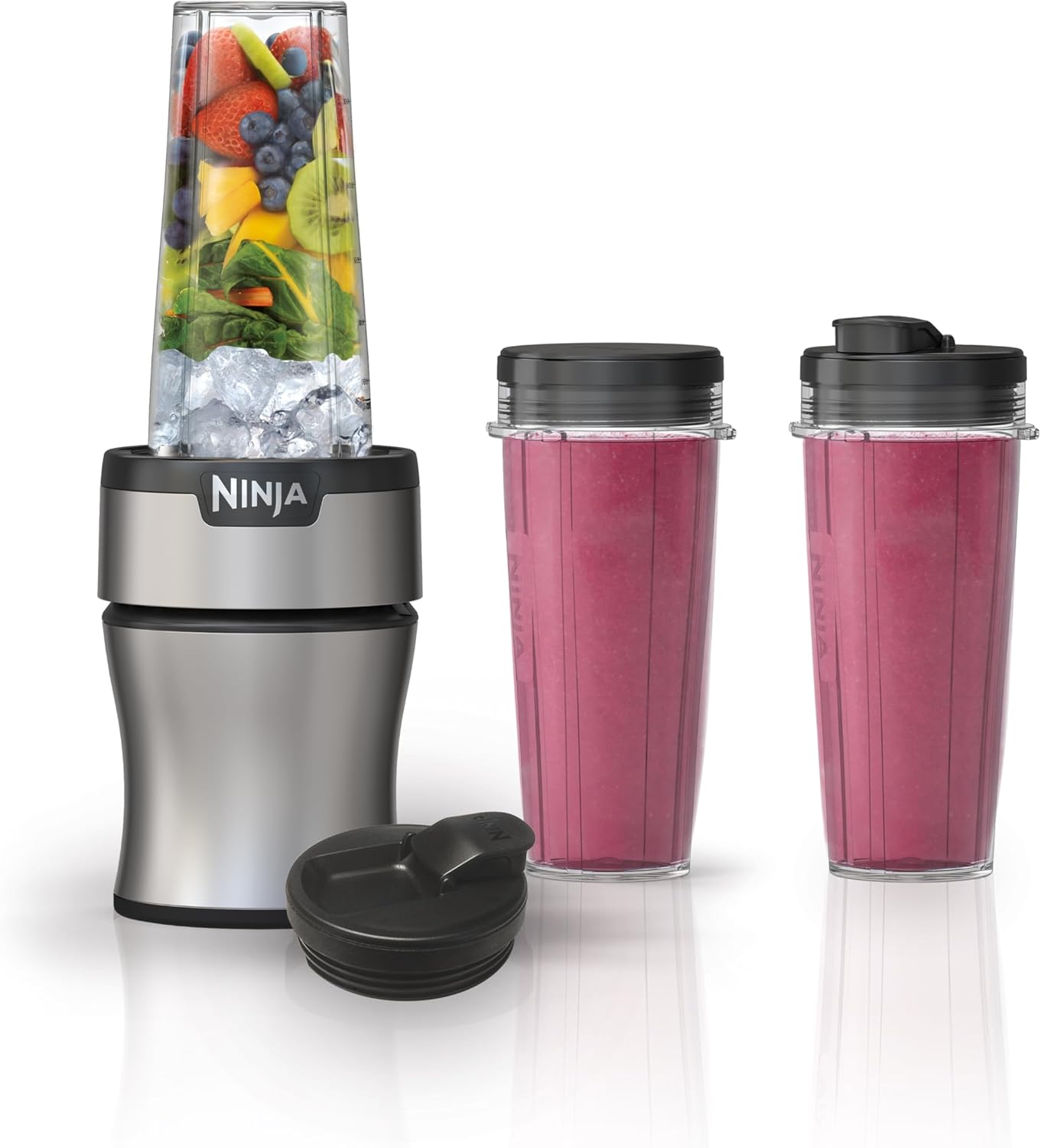 Ninja Nutri-Blender Plus silver 900-watt personal blender for smoothies on a kitchen counter.