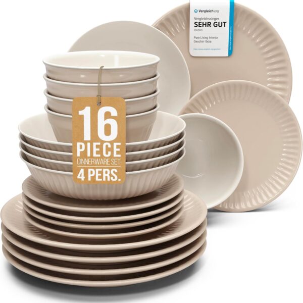16 Piece Stoneware Dinnerware Set for 4, Handmade Plates and Bowls Set