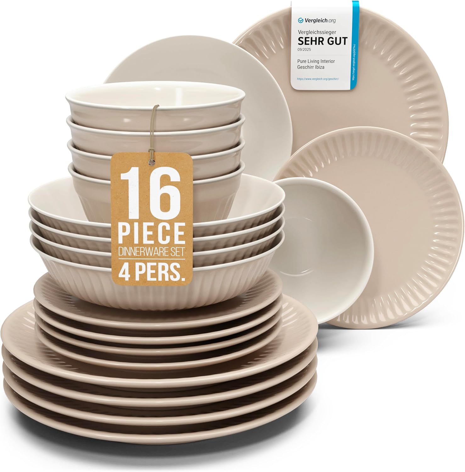 Pure Living 16 piece stoneware dinnerware set featuring a cozy Hygge-inspired ribbed texture design.