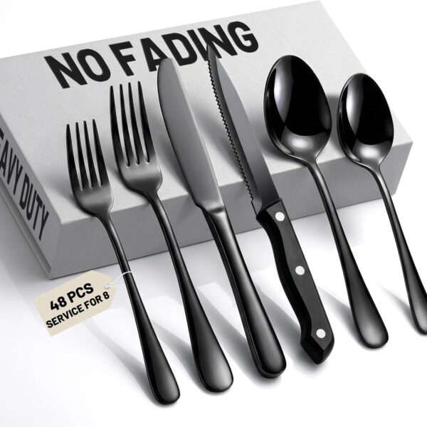 Kikcoin 48-Pc Black Silverware Set with Steak Knives