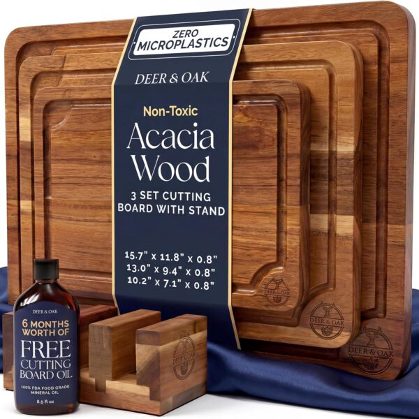 Deer & Oak 3-Piece Acacia Cutting Board Set with Stand