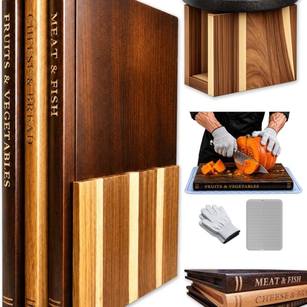 FUSAHURIY Acacia Wood Book Cutting Board Set with Stand