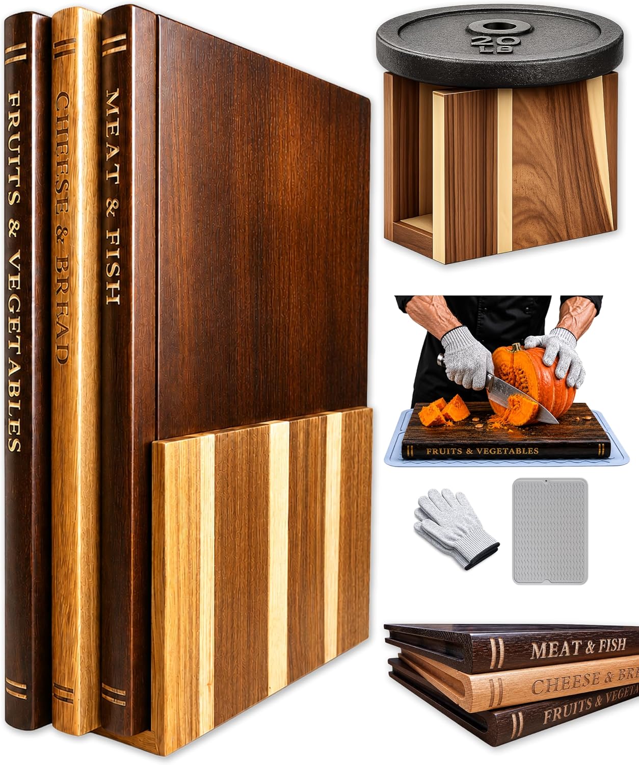 FUSAHURIY acacia wood book cutting board set displayed upright in its sturdy wooden storage stand