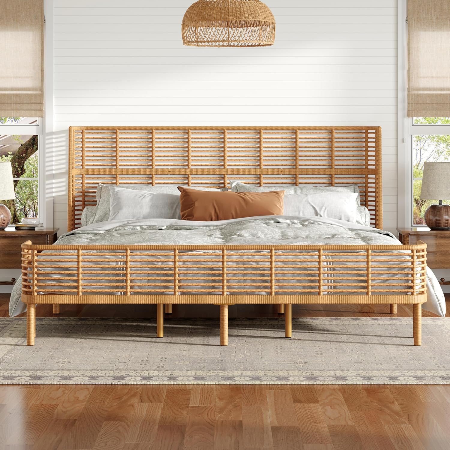 Christopher Knight Lamar boho rattan king bed with a tall 47-inch wingback headboard in a natural finish.