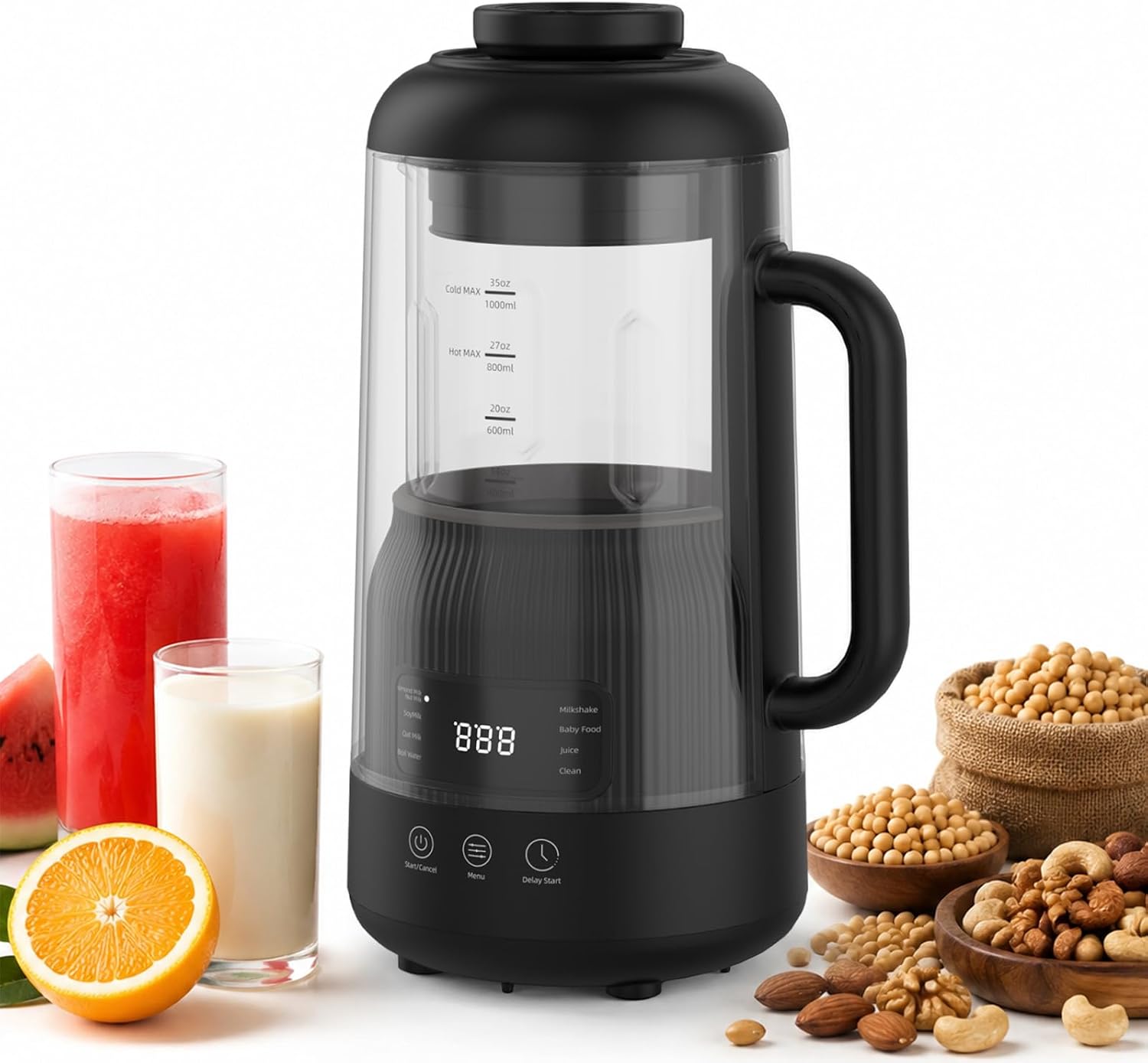 Skitchen 8-in-1 automatic nut milk maker featuring a modern 35oz carafe and silent shield cover design.